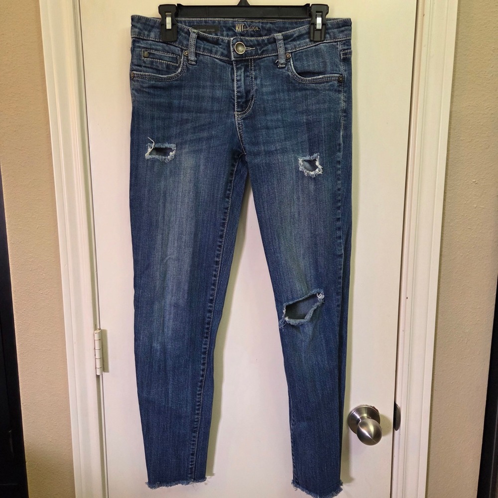 KUT from the Kloth Catherine Boyfriend Distressed Blue Jeans Size 4 Frayed Hem